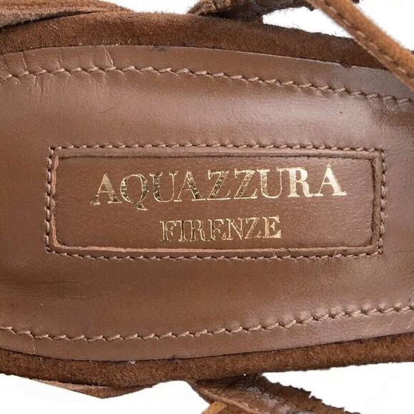 D0 Auth AQUAZZURA FIRENZE Tulum Fringed Cognac Suede Hi Heel Sandals Sz 39 $930 - Picture 8 of 8